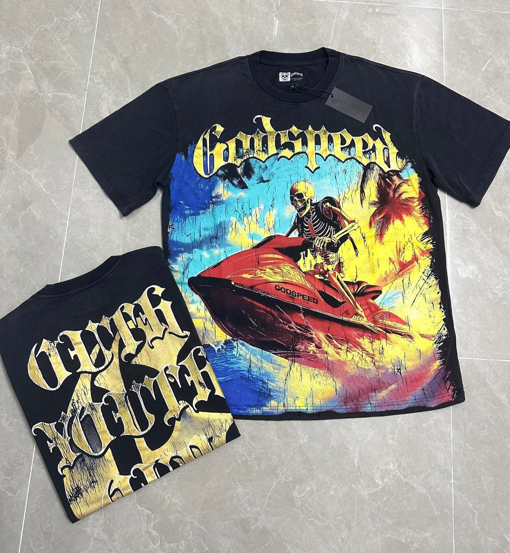 Godspeed Skeleton Jet‑Ski Summer Vintage Short‑Sleeve Tee (Washed Black)