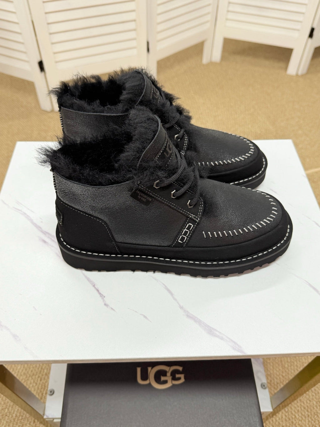 UGG Black Shearling-Collar Leather Boots