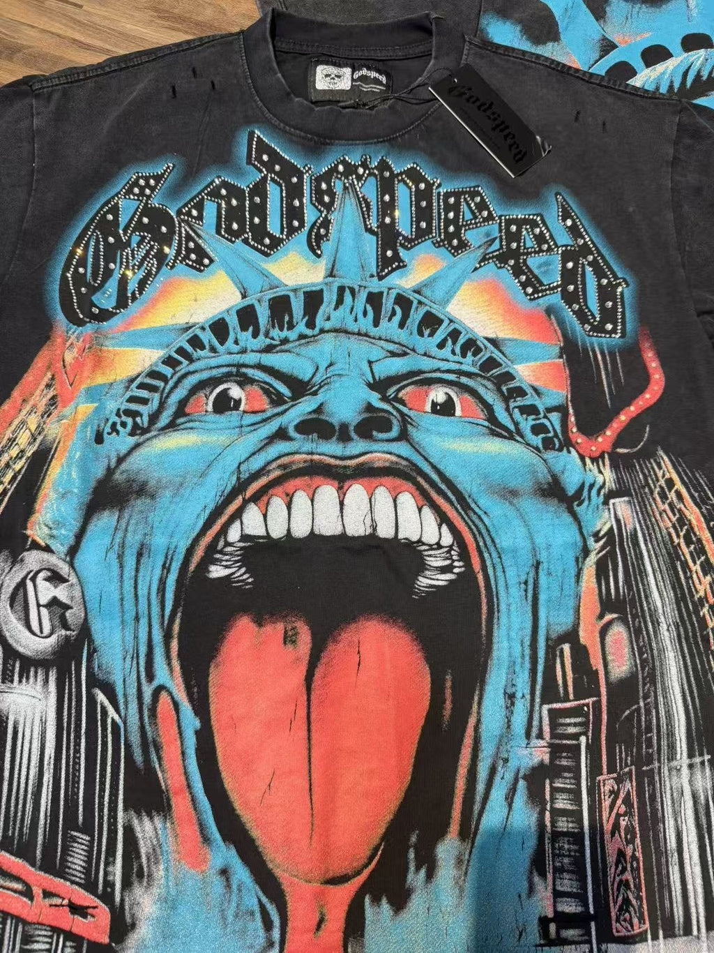Godspeed Distressed Rhinestone Graphic T-Shirt