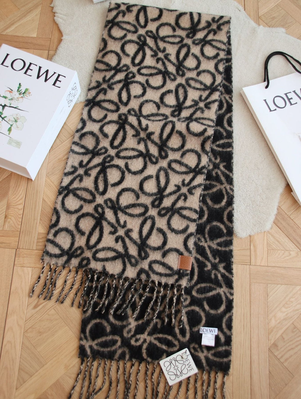 Loewe Black & Tan Motif Fringe Scarf