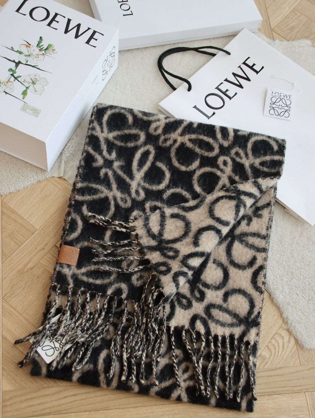 Loewe Black & Tan Motif Fringe Scarf