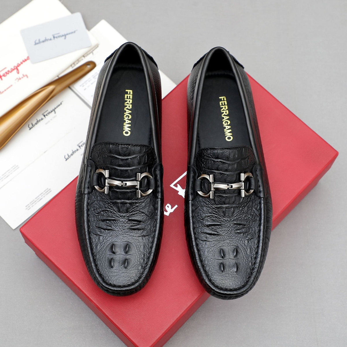 Ferragamo Men's Black Textured Loafers