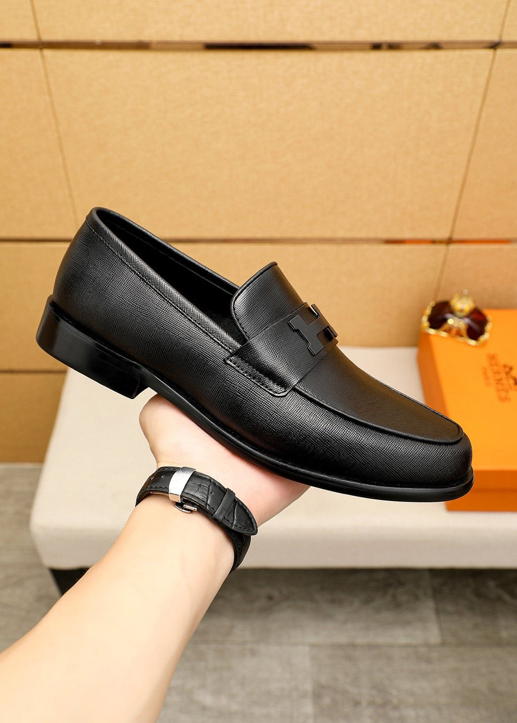 Hermès Black H-Strap Slip-On Loafers