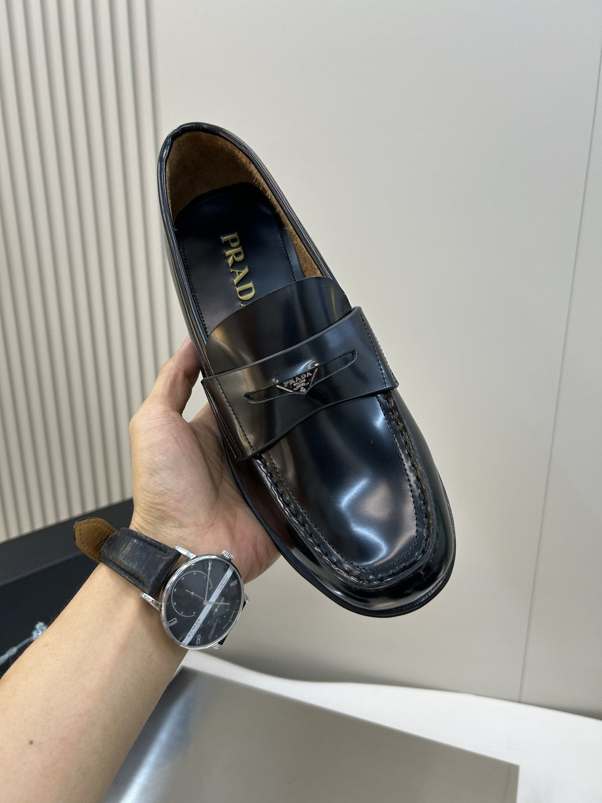 Prada Black Glossy Moc-Toe Loafers