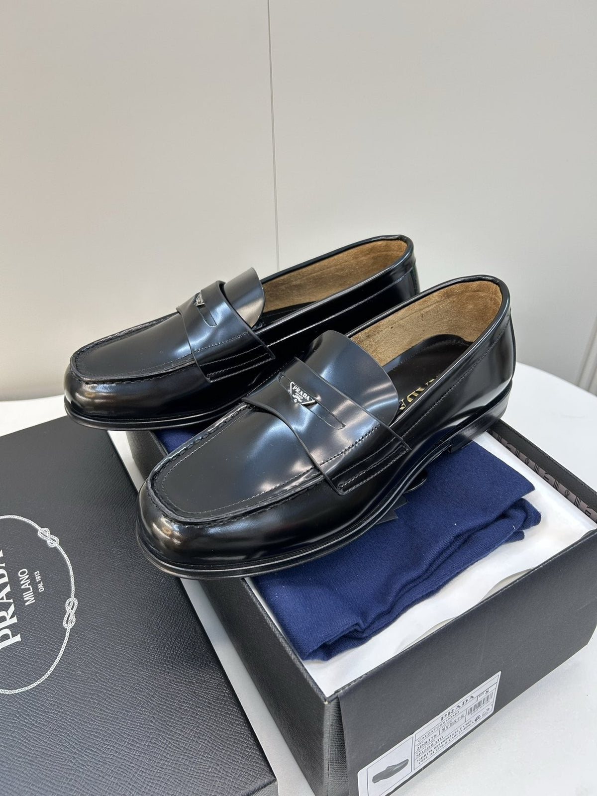 Prada Black Glossy Moc-Toe Loafers