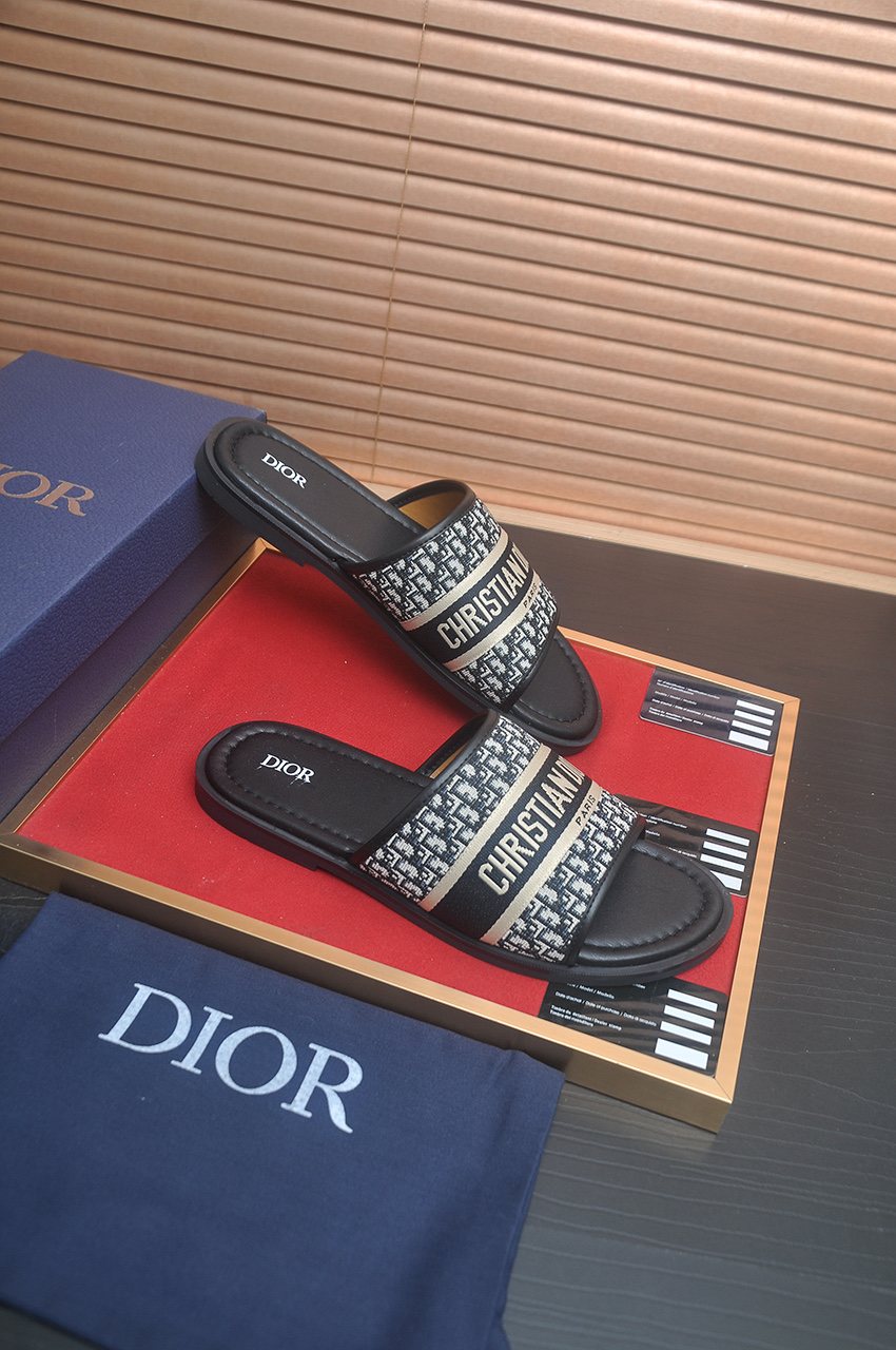 Dior Patterned Strap Slide Sandals - Black, Beige & Gray