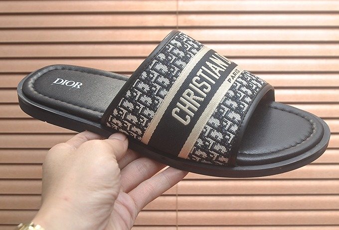 Dior Patterned Strap Slide Sandals - Black, Beige & Gray