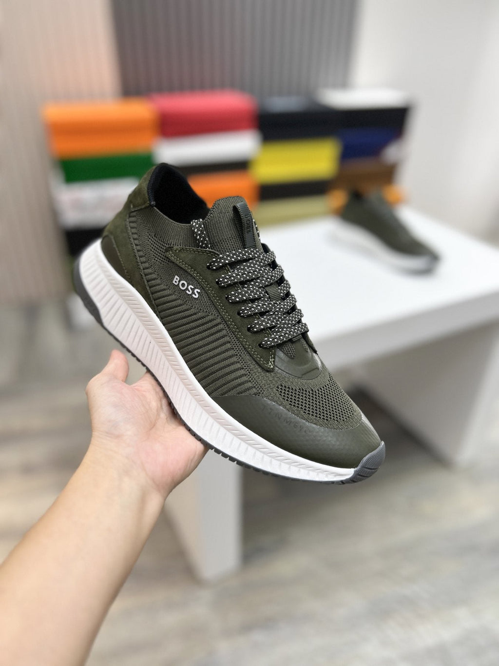 BOSS Men's Knit-Upper Ribbed-Sole Sneakers